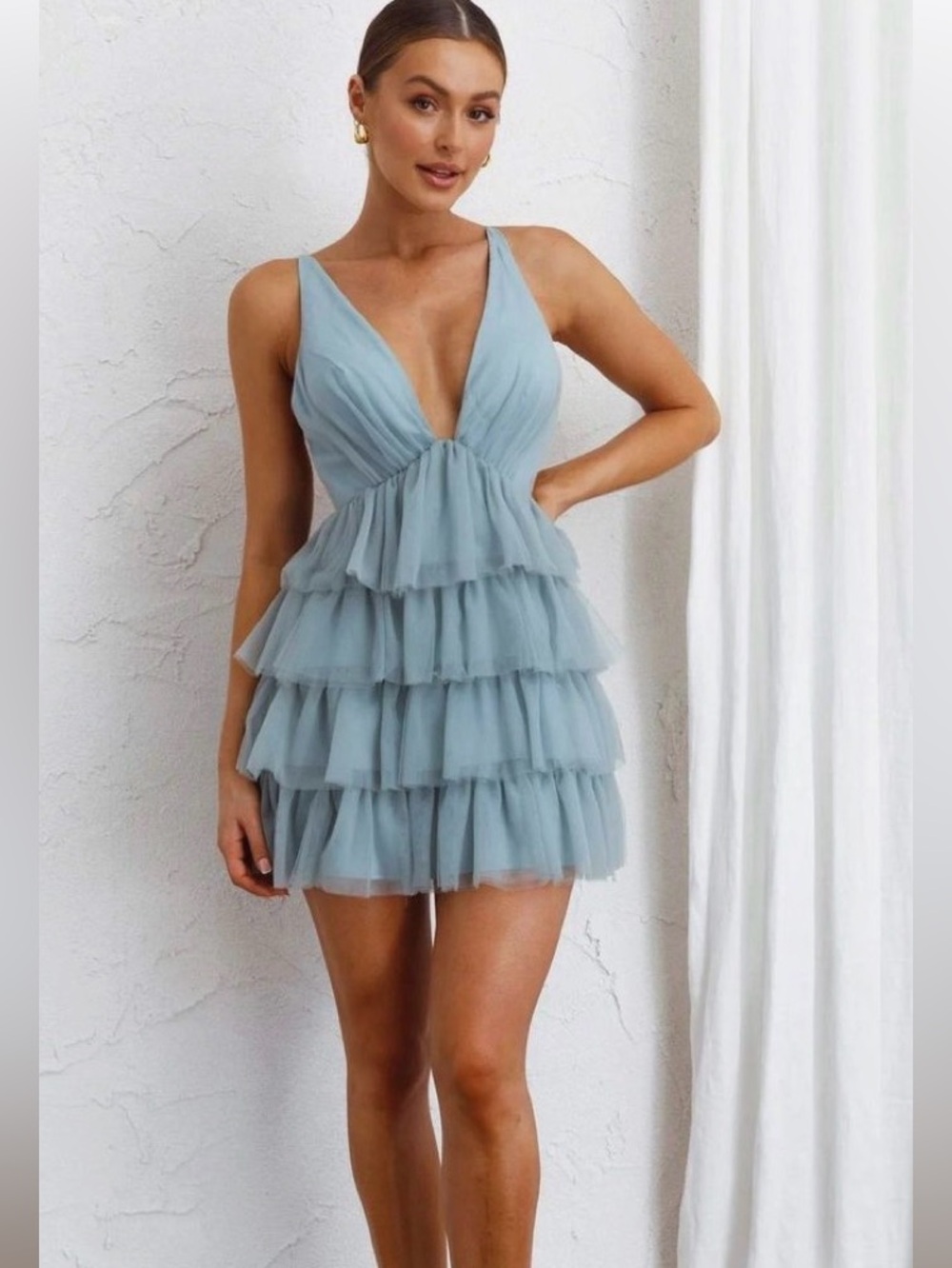 Selfie Leslie Sage Green Layered Ruffle Mini Dress